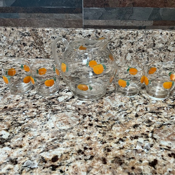 Vintage Hand Painted Miniature Orange Juice Pitcher And 4 Glass Set - Picture 11 of 12